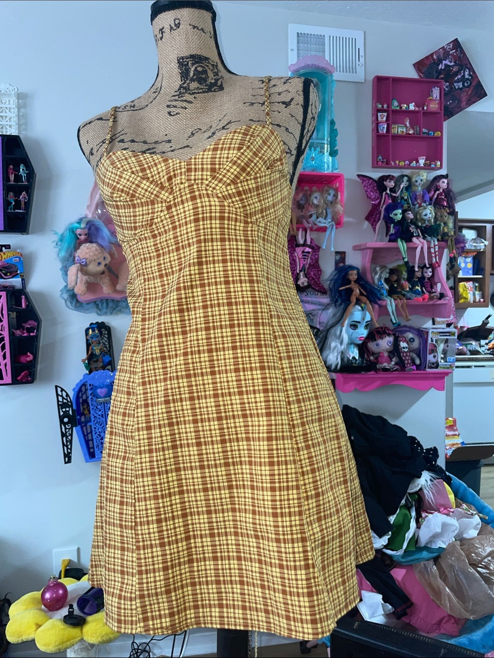 Yellow Plaid Spaghetti-Strap Mini Dress